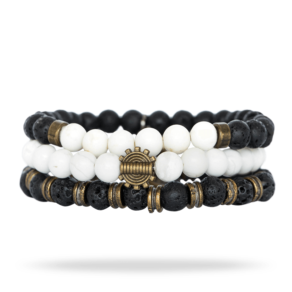 Black & White Beaded Bracelet Stack Featuring Lava & White Turquoise Beads