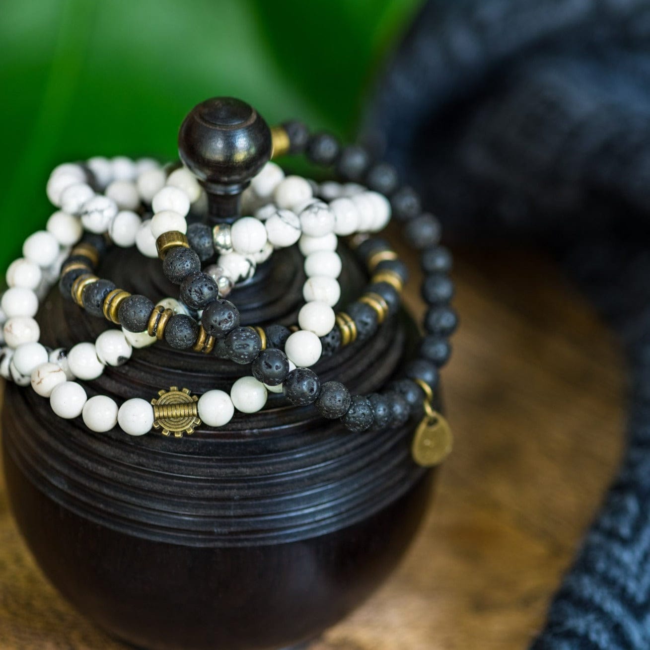 Black & White Beaded Bracelet Stack Featuring Lava & White Turquoise Beads