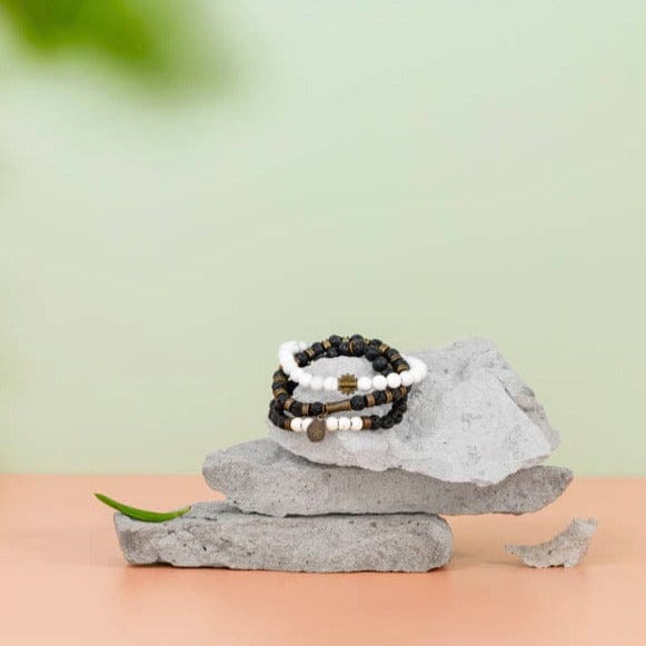 Black & White Beaded Bracelet Stack Featuring Lava & White Turquoise Beads