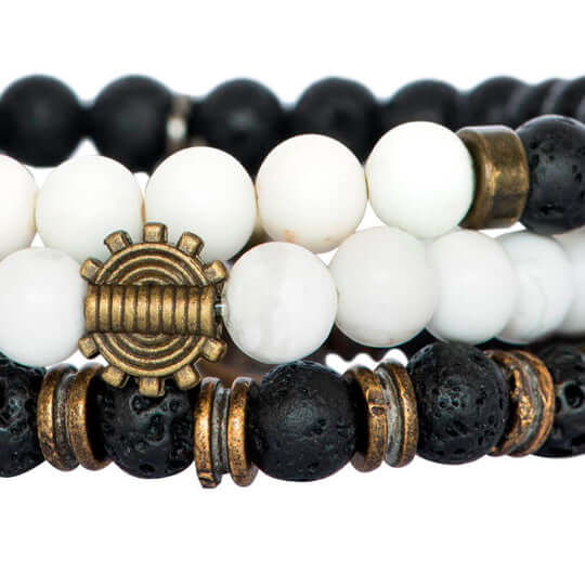 Black & White Beaded Bracelet Stack Featuring Lava & White Turquoise Beads