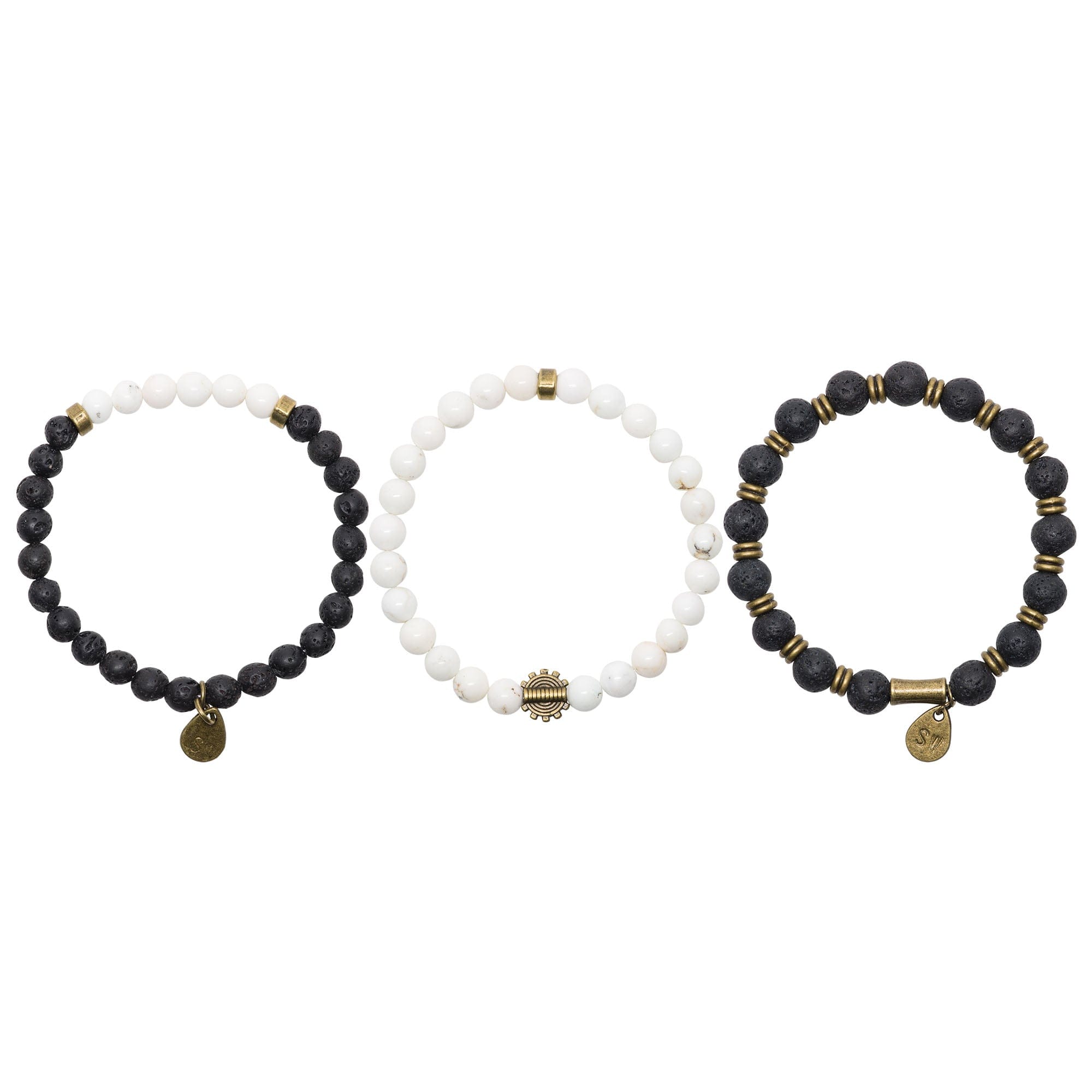 Black & White Beaded Bracelet Stack Featuring Lava & White Turquoise Beads
